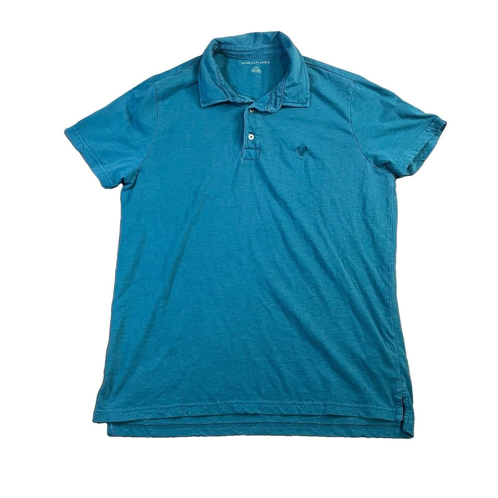 American Eagle Men's Teal Blue Striped Short Sleeve Collared Polo Shirt Size L